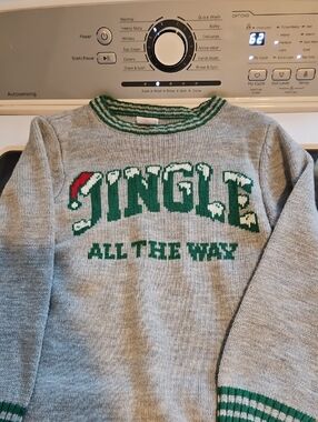 Size M (8) Kids Holiday Time Gray Sweater with Green Trim and Red Logo